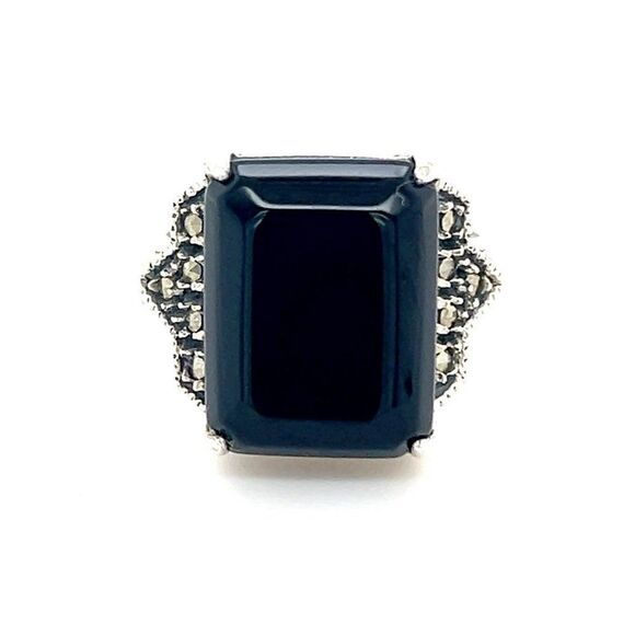 Large Rectangular Onyx/Marcasite Sterling Silver 925 Ring - Picture 1 of 9